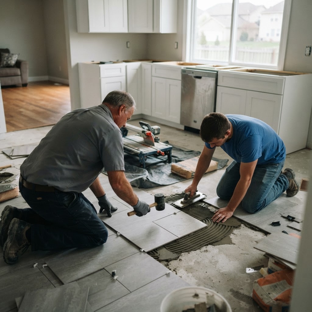 Family crew installing tile in a kitchen